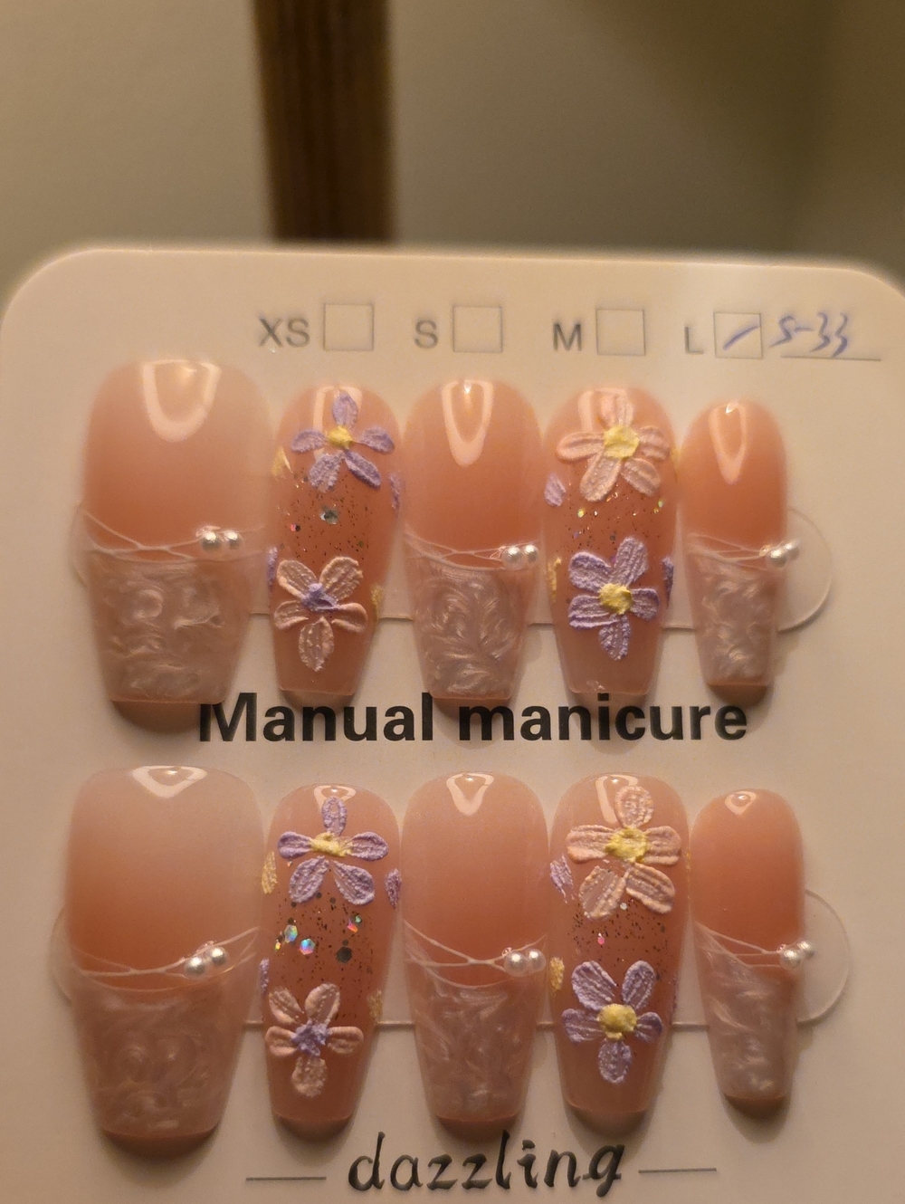 Peach Floral 3D Press-On Nail Set with Pearls Size Large
